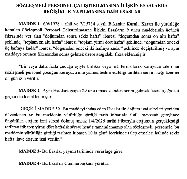 S&ouml;zleşmeli personelin doğum sonrası iznini artıran d&uuml;zenleme Resmi Gazete'de - Resim : 3