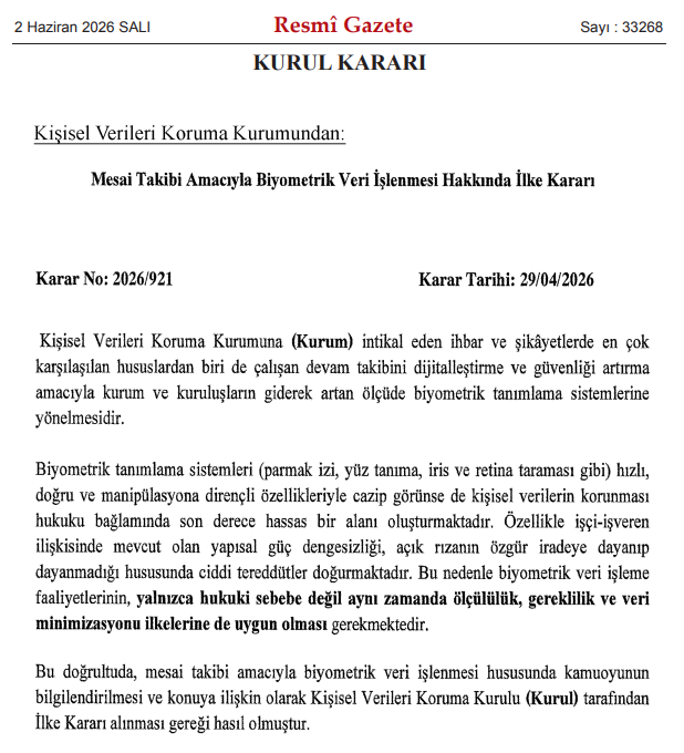 Karar Resmi Gazete'de: "Biyometrik tanımlama ile mesai takibi hukuka aykırı" - Resim : 2