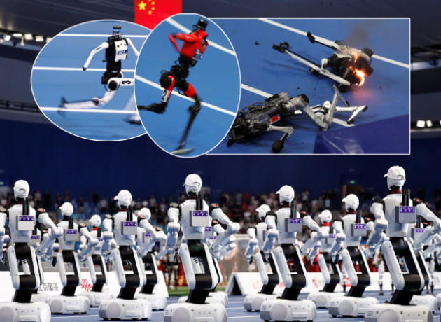 Finişi gördüler ama duramadılar! Bolt’un rekorunu kıran robotlar sedyeyle taşındı