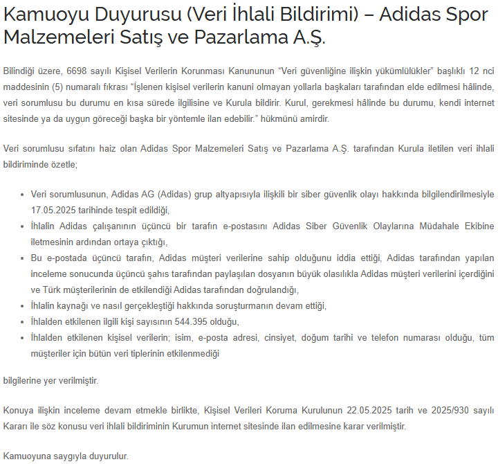 Adidas, Türkiye'ye uzanan veri sızıntısını KVKK’ya bildirdi: Kaç kişi etkilendi, hangi veriler sızdırıldı? - Resim : 1