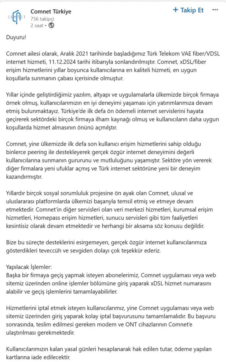 Comnet, Türkiye'deki internet faaliyetlerini durdurduğunu açıkladı