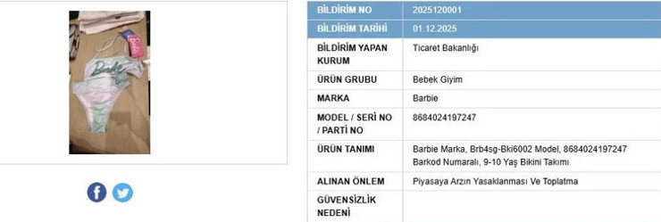 Ticaret Bakanlığı'ndan Barbie markalı çocuk giyim ürünü için toplatma kararı - Resim : 1