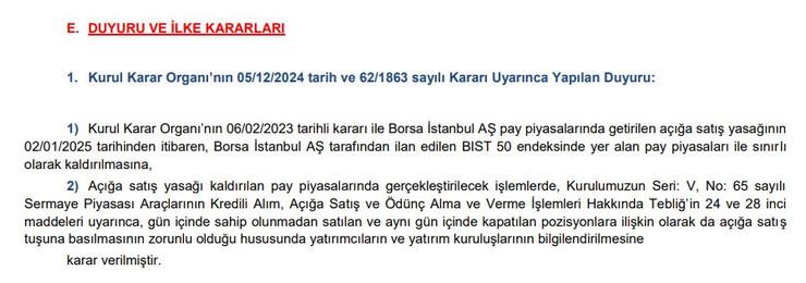 BİST 50 hisselerinde açığa satış yasağı 2 Ocak 2025 itibariyle kaldırıldı - Resim : 1