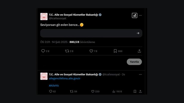 Aile ve Sosyal Politikalar Bakanlığı'ndan sıradışı X paylaşımı: Seviyorsan git evlen bence