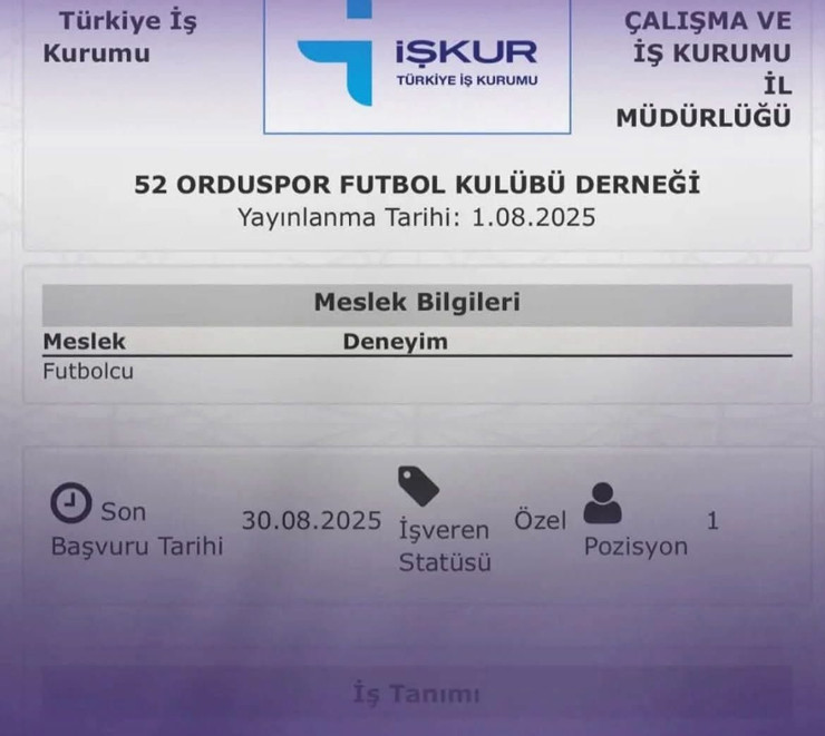 İŞKUR'da ilan açtılar: 52 Orduspor futbolcu arıyor - Resim : 1